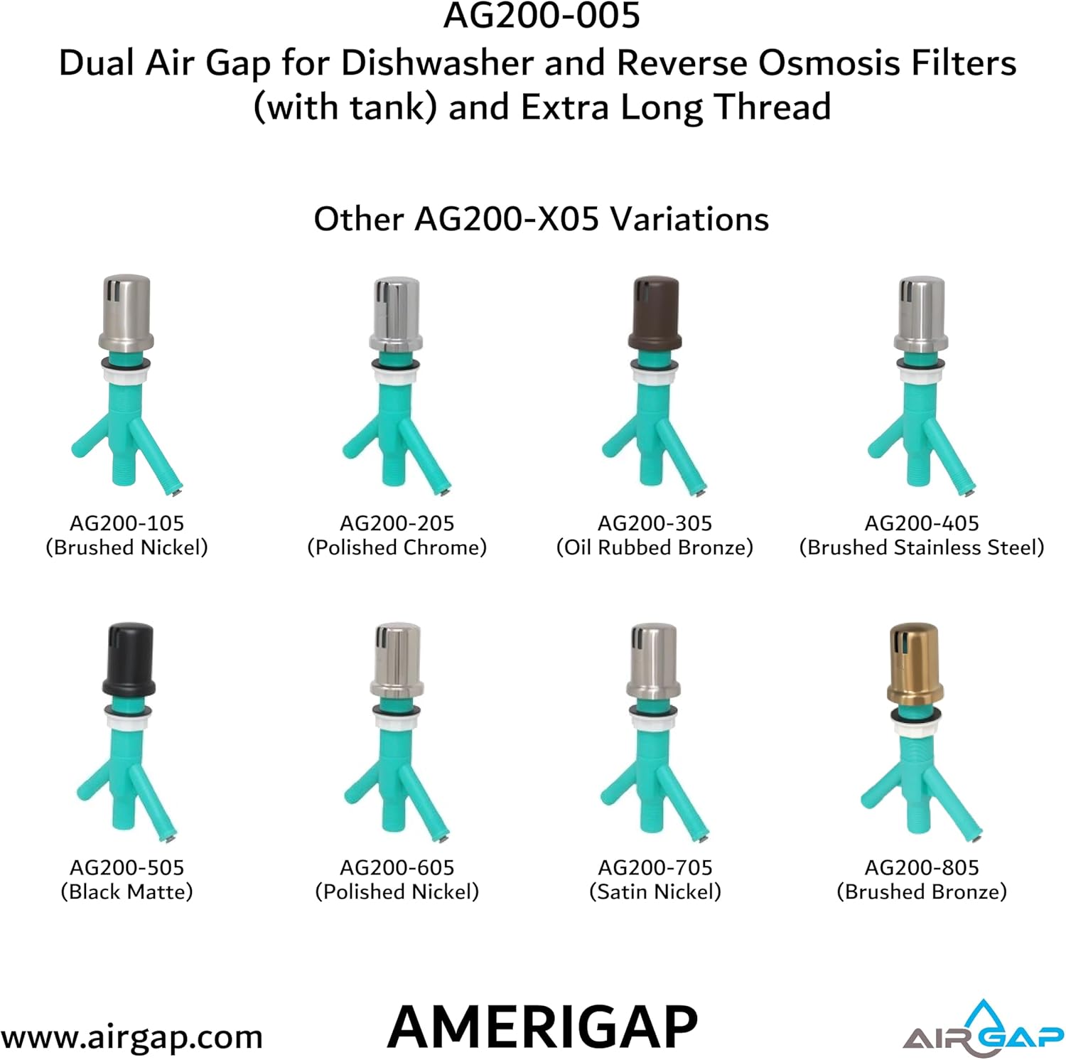 Dual Air Gap for Dishwasher and Reverse Osmosis Filters (with tank) and Extra Long Thread (AG200-005, AG200-002, T52 RO KIT, AMERIGAP)