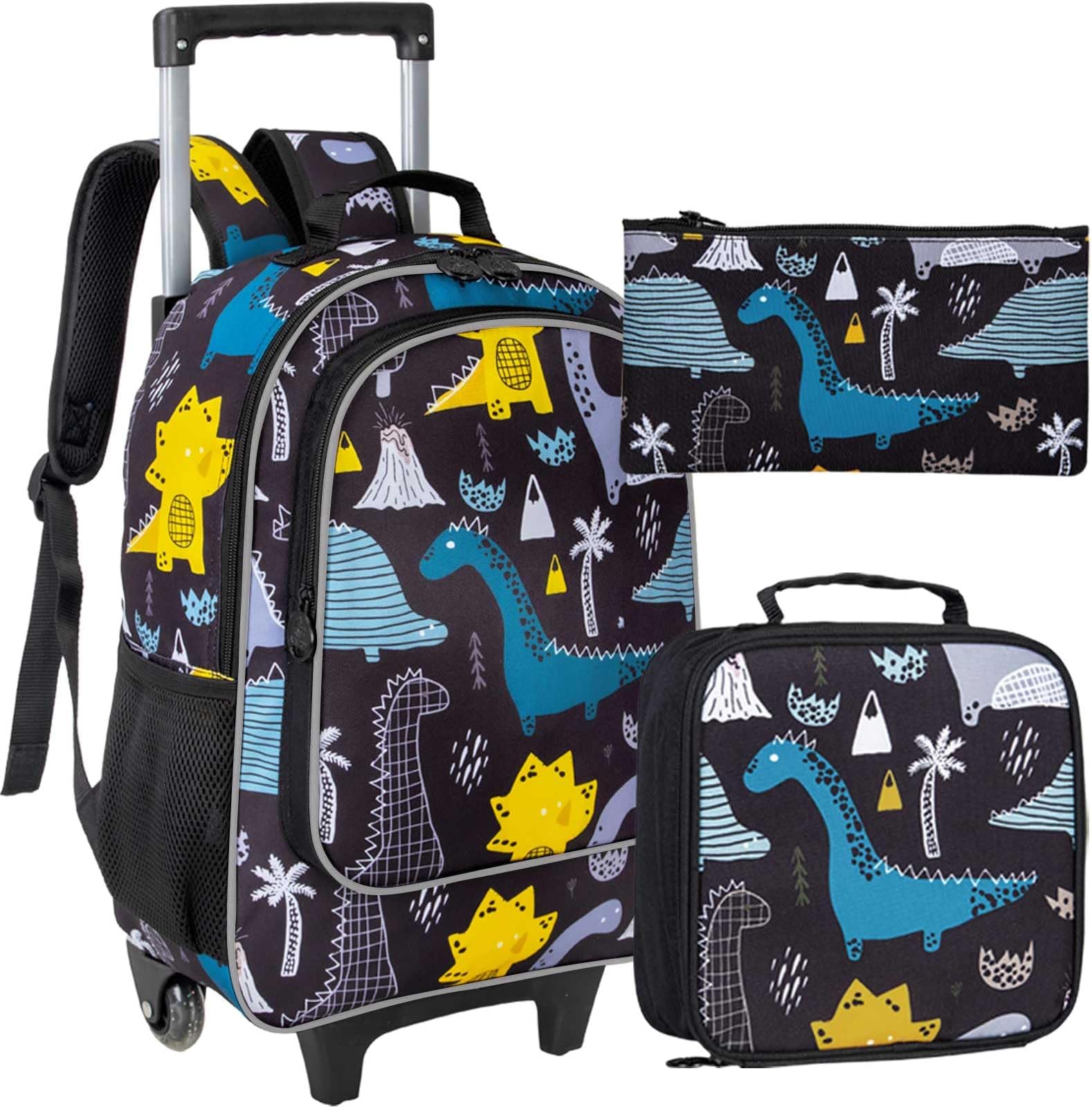 Kids Rolling Backpack, Roller Wheels Boys Bookbag - Wheeled Suitcase Elementary School Bag - 3PCS Dinosaur