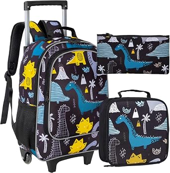 AGSDON 3PCS Rolling Backpack for Girls Boys, Kids Roller Wheels Bookbag, Wheeled School Bag with Lunch Bag