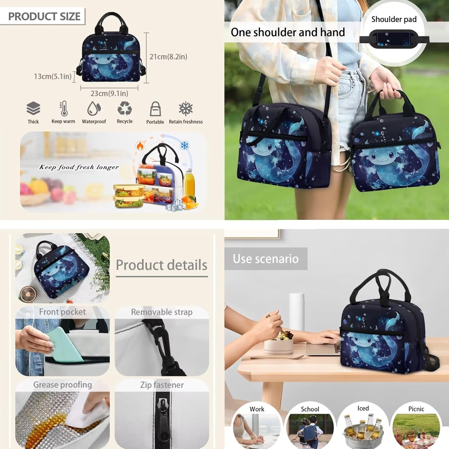 Blue Axolotl Backpack with Lunch Box Kids Girls 6-8/5-7 Elementary School Bookbags for 3rd Grade Back Pack and Lunch Bag Pencil Case Water Bottle Holder 4PCS Student Book Bags Set Schoolbag