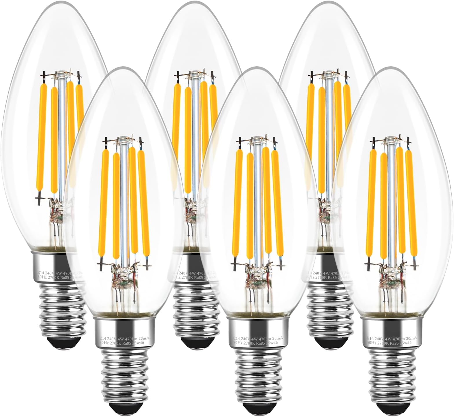 Levidon E14 LED Candle Light Bulbs Dimmable, 4W (Equivalent to 40W), Small Edison Screw (SES) 2700K Warm White Clear Filament - Pack of 6