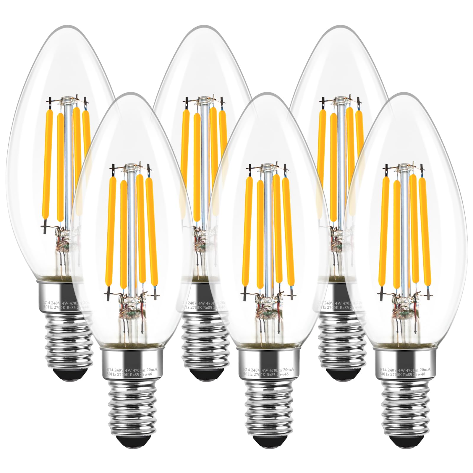 E14 LED Candle Light Bulbs Dimmable, 4W (Equivalent to 40W), Small Edison Screw (SES) 2700K Warm White Clear Filament - Pack of 6