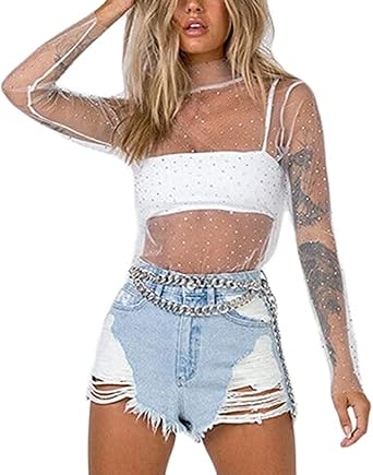 Women Y2K Sexy Sheer Mesh See-Through Shirts Long Sleeve Turtleneck Sparkle Tee Blouse Tops Clubwear
