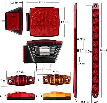 LED Trailer Tail Light Kit, 2Pcs Square LED Stop Turn Tail Brake Lights, 2.53 Mini Oval Markers Clearance(2Red+4Amber), 15.5 Inch Led Trailer Tail 3RD Brake Light Bar w/25ft Wiring Harness