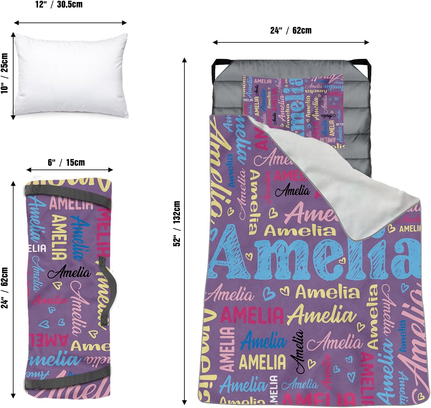 Personalized Toddler Nap Mat with Name, Custom Name Print Kids Sleeping Mat for Preschool, Daycare Cot Nap Mat with Corner Straps, Roll-Up Slumber Mat with Soft Blanket & Pillow