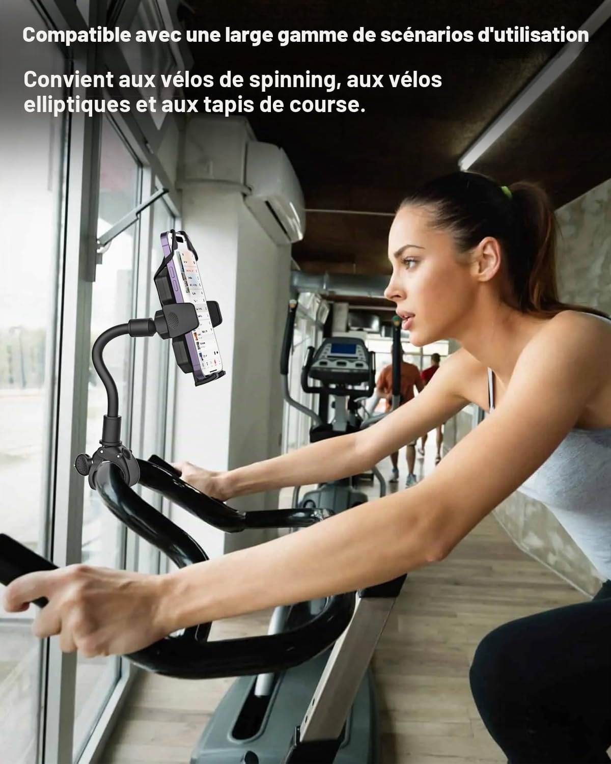 Support Téléphone Velo Guidon, Support Téléphone Tapis de Course en Col de Cygne [Durable Flexible] Porte Home Trainer Elliptique für iPhone 15 14 13 Pro Max, Samsung, 4-7" Smartphones