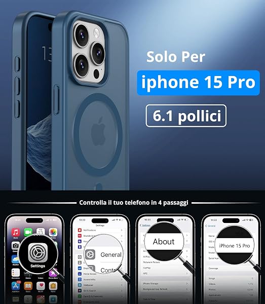 Vansdon Cover Magnetica per iPhone 15 Pro con 1 Pezzi Vetro Temperato, Compatibile con Magsafe, Protezione anticaduta di livello militare, Custodia Traslucida Opaca Sottile Antiurto-Blu - 4