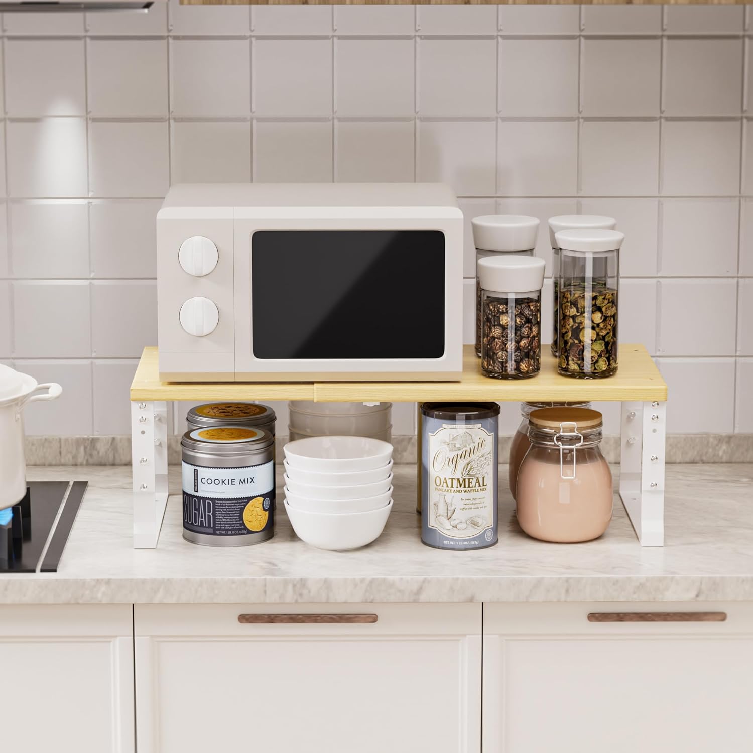 Adjustable Metal Shelving Unit, Stackable & Expendable Storage Rack for Home/Office/Kitchen, Space-Saving，Sturdy&Durable，Easy Assembly（1PACK/Medium/White/Burlywood