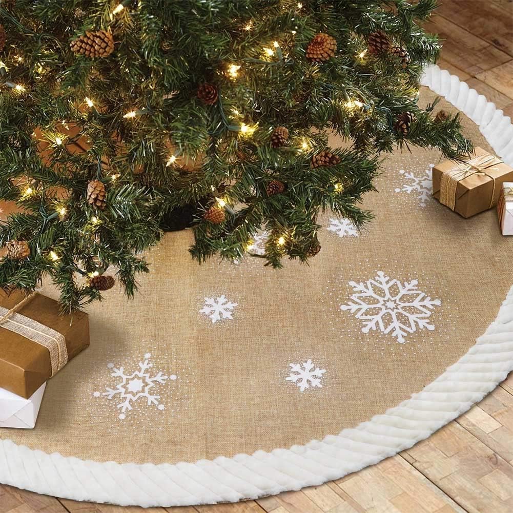 AerWoBurlap Tree Skirt 48-inch Christmas Tree Skirt with Snowflake Pattern Christmas Tree Decorations Farmhouse Christmas Tree Skirt for Christmas Decoration New Year Party Supply