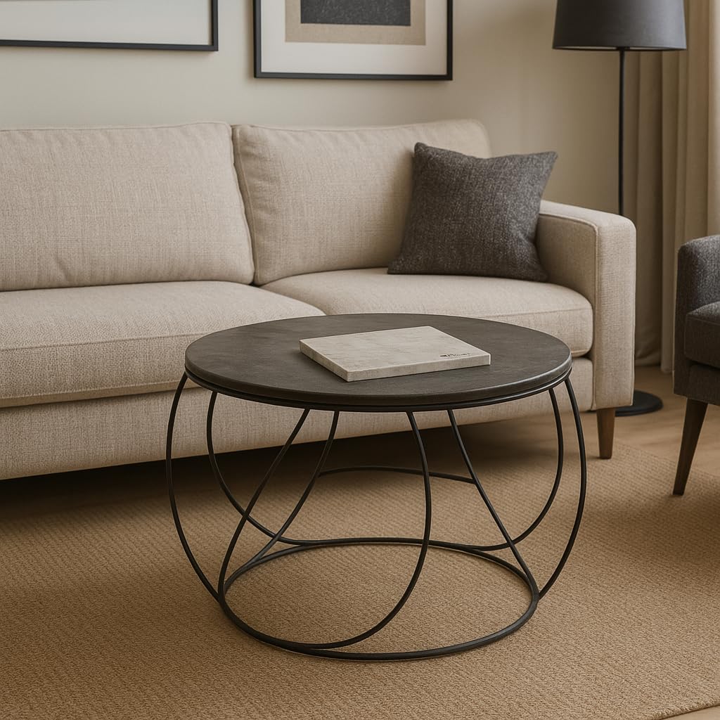 Kalu creations Table Basse Design Ø 60 cm avec Plateau en Ardoise Naturelle – Structure en Métal – Table Basse de Salon Moderne – Fabriquée en Italie