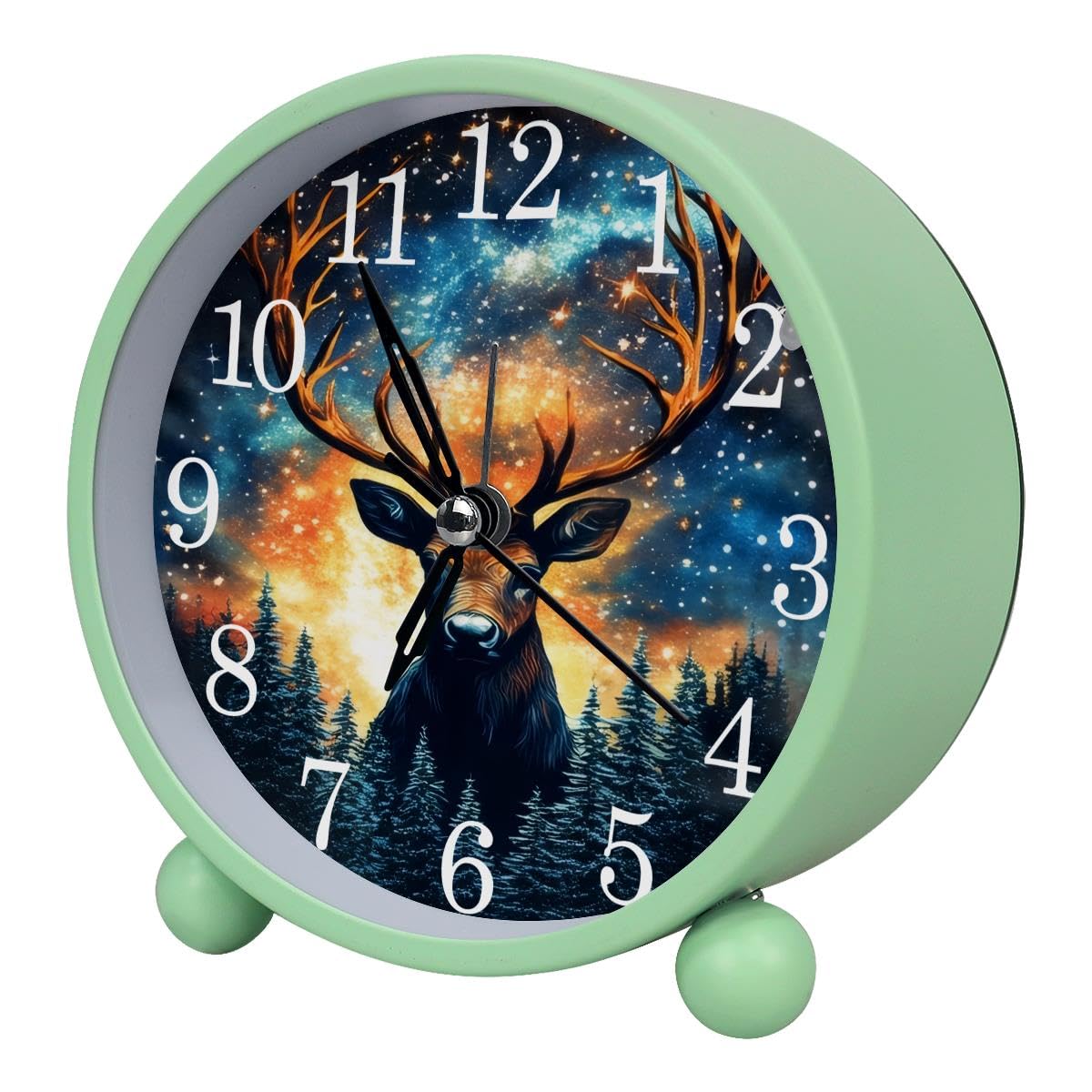 Luoweisi Alarm Clock Reindeer Starry Nebula Forest, Silent Non-Ticking with Night Light, Round Metal Alarm Clock for Office, Battery Operated, Bedroom, Elderly, Adults, Children, Student Gifts