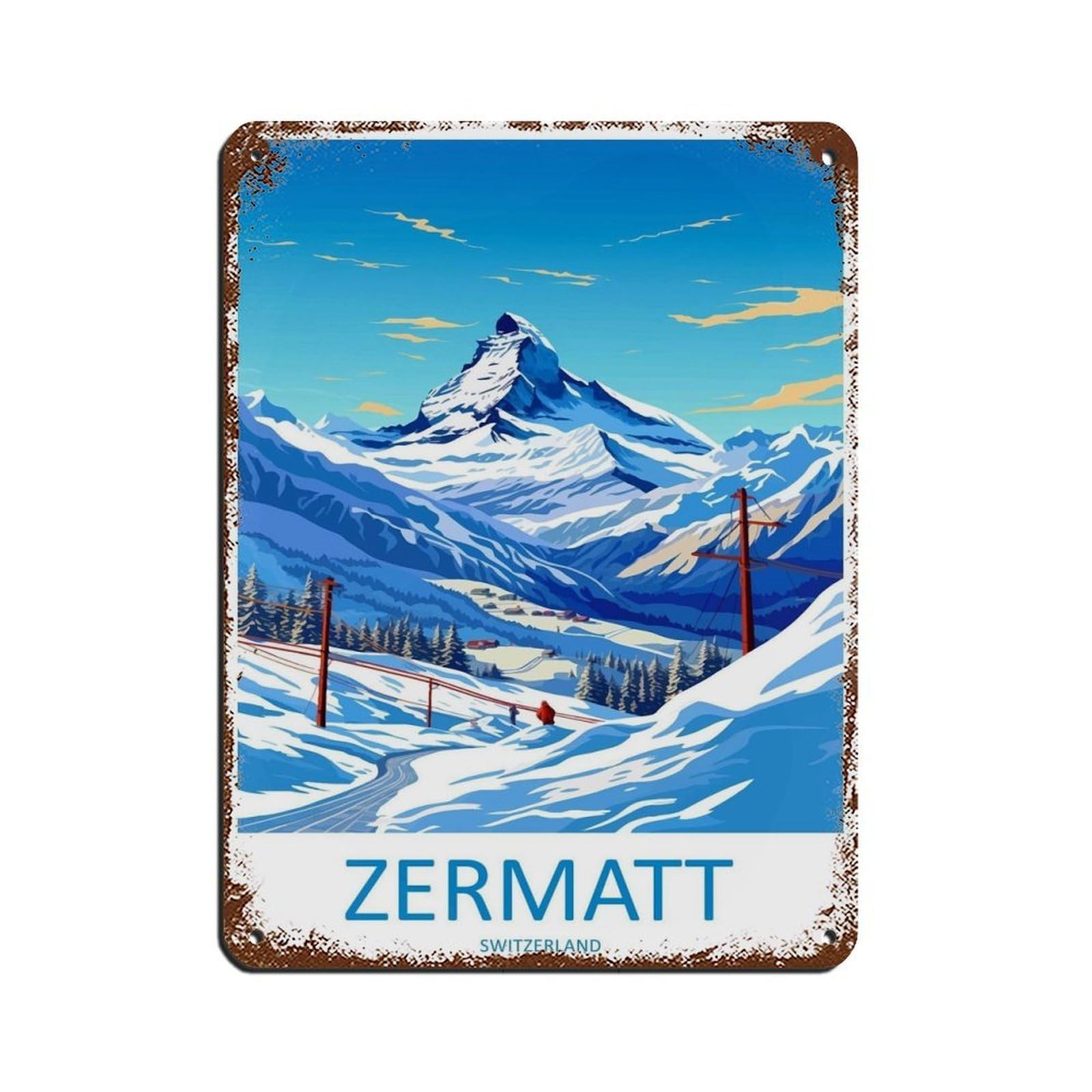 Zermatt Travel Art Ski Art Lover Gift Tin Sign Vintage Metal Pub Club Cafe Bar Home Wall Art Decoration Poster Retro 12x16inch(30x40cm)