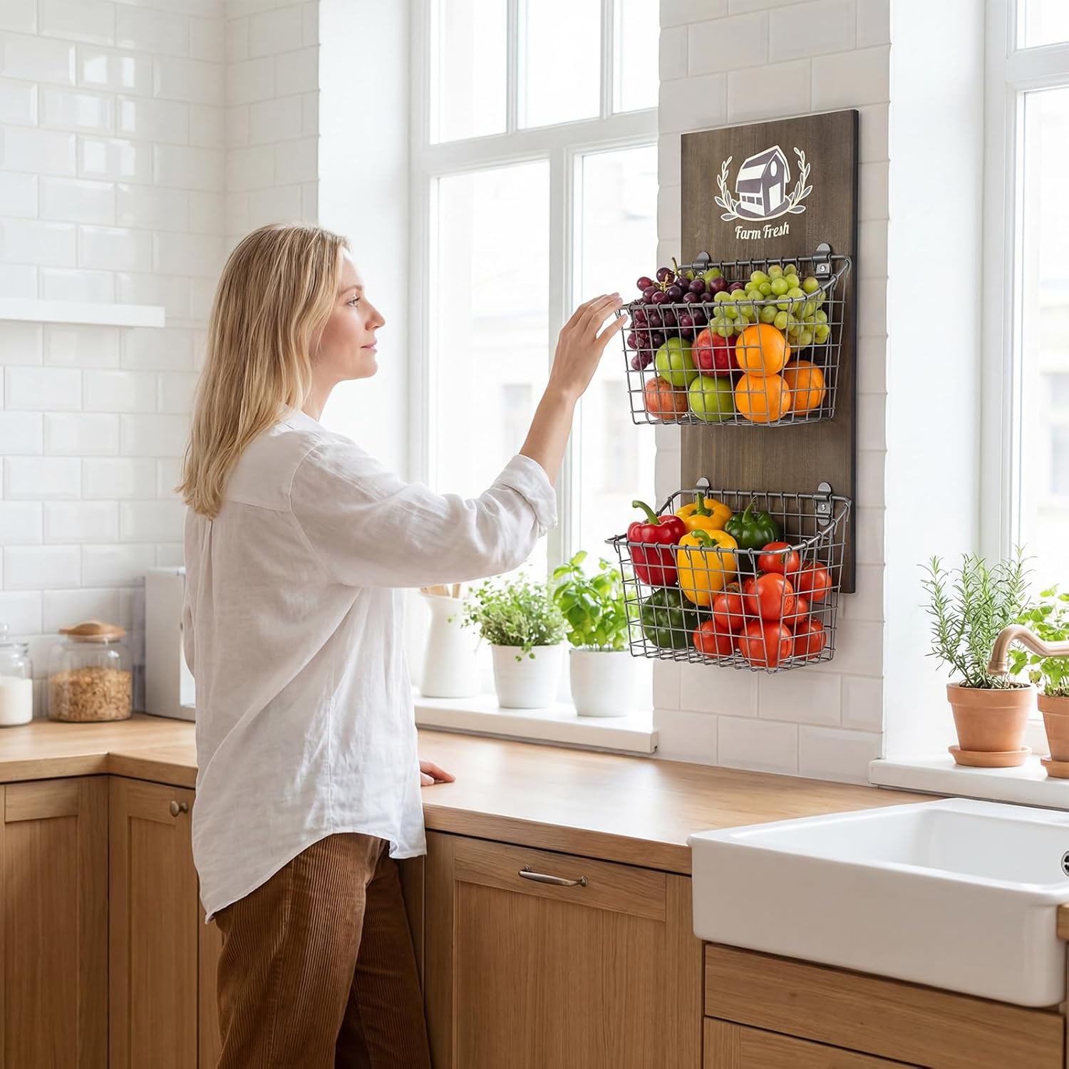 Duraaamo 2 Tier Hanging Wall Fruit Basket for Kitchen Hanging Friut Baskets Wall Mount Fruit Basket Hang Potato and Onion Storage Bin with Chalkboard Rustic Walls Baskets for Kitchen Gifts