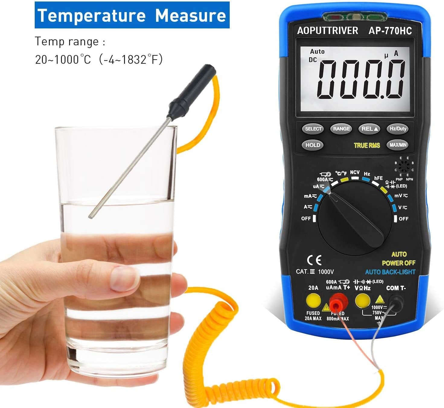 AP-770HC Multimeter measuring liquid temperature with probe