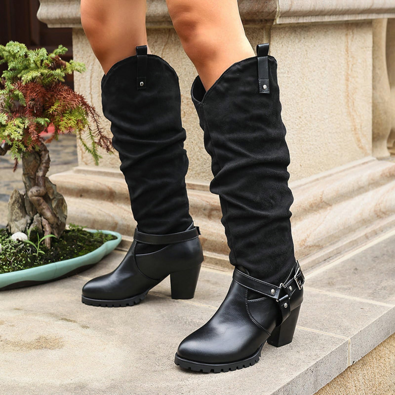 Stivali lunghi da cowboyst, da donna, con tacco a blocco, fibbia per cintura, eleganti stivali alti al ginocchio, con suola antiscivolo, stivali invernali alti da donna