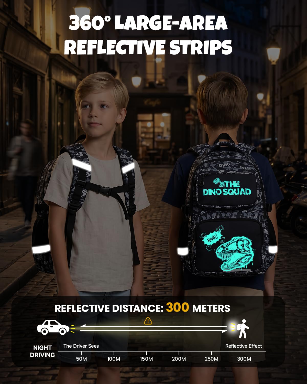 Amythe Mochila Escolar Niño Adolescente Fluorescente, Mochila para Niños con Hebilla en el Pecho 6 a 10 Años, Mochilas Escolares Grande Resistente y Ligera, Dinosaurio