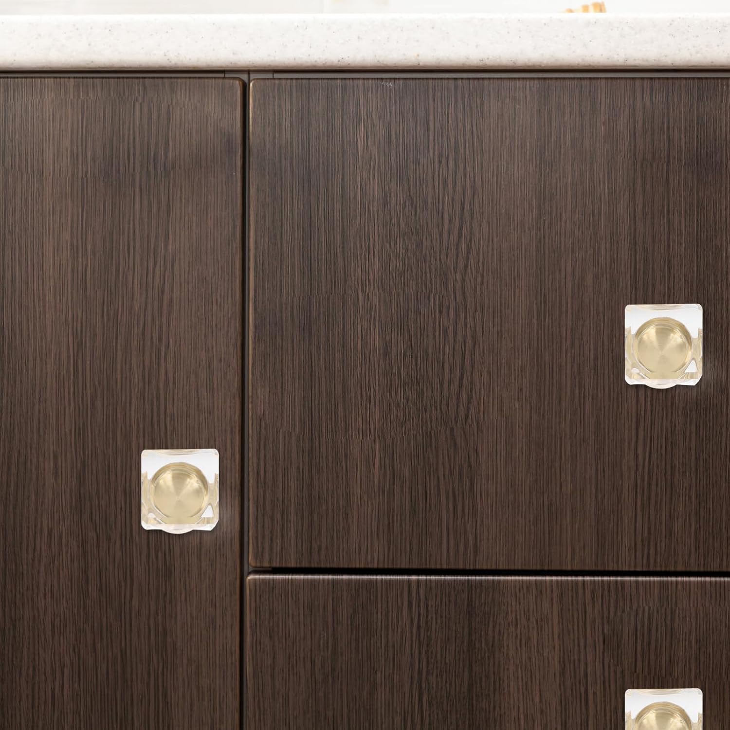 Three SHINEOFI crystal cabinet knobs installed on dark wooden kitchen cabinets, showcasing their modern and decorative effect.