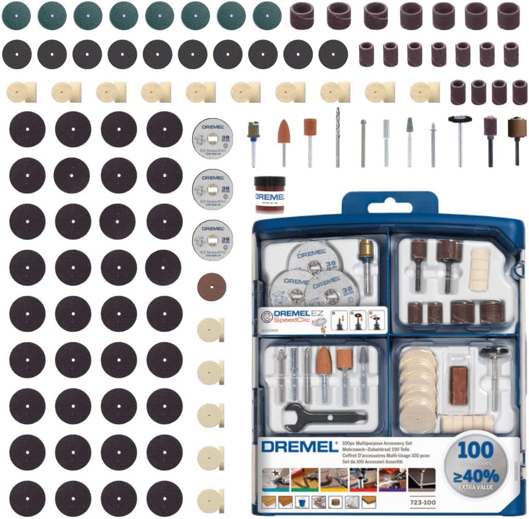 723 EZ SpeedClic Accessory Set - 100 Rotary Tool Accessories for Cutting, Carving, Sanding, Cleaning, Grinding, Polishing, Sharpening, 2615S723JA