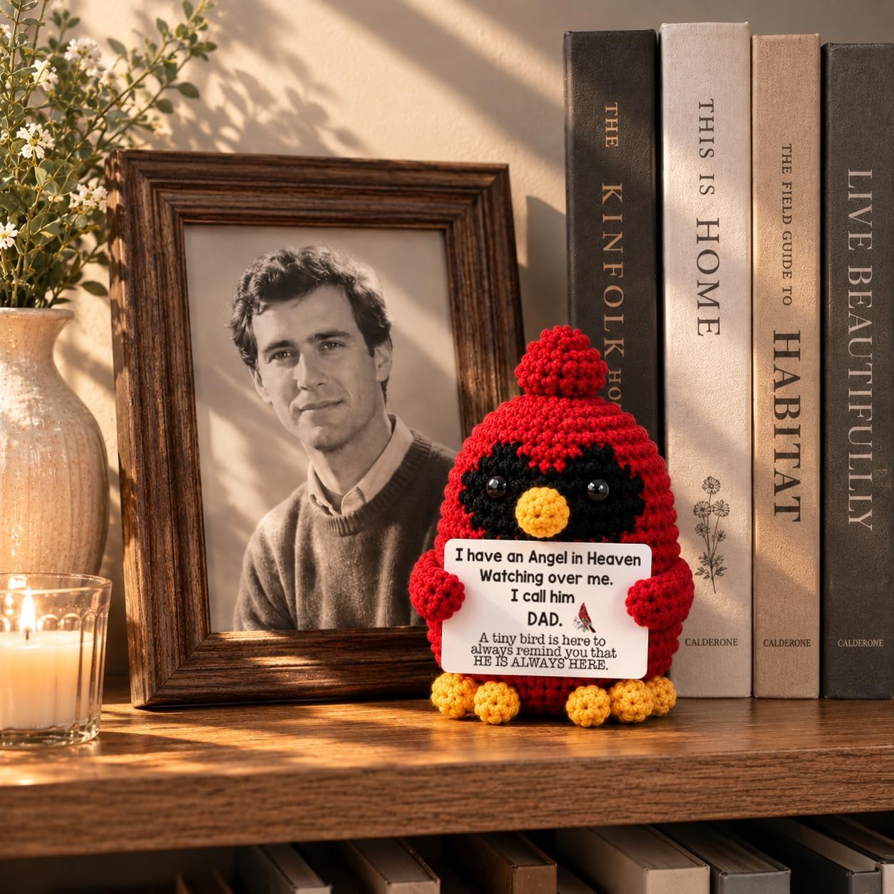 Handmade Crochet Cardinal Memorial Gift Loss of Father Bereavement Sympathy Remembrance Comfort Condolence Passed Away Loved One Dad in Heaven Red Bird Spiritual Messenger Keepsake