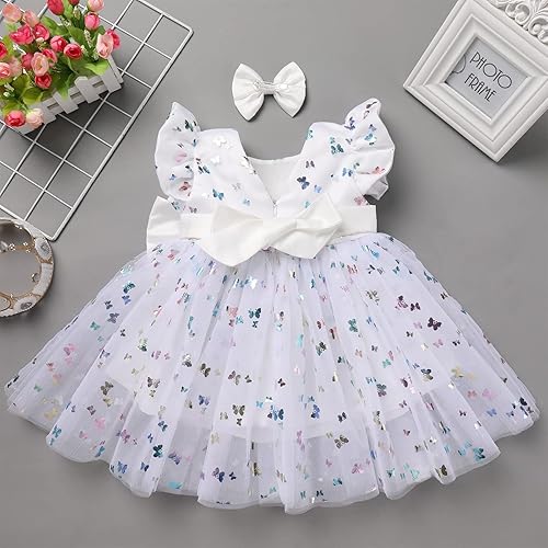 Miniatura 4 de IDOPIP Vestido tutú de mariposa con lentejuelas para bebé, niña de las flores, primera comunión, boda, fiesta de cumpleaños, vestido con lazo