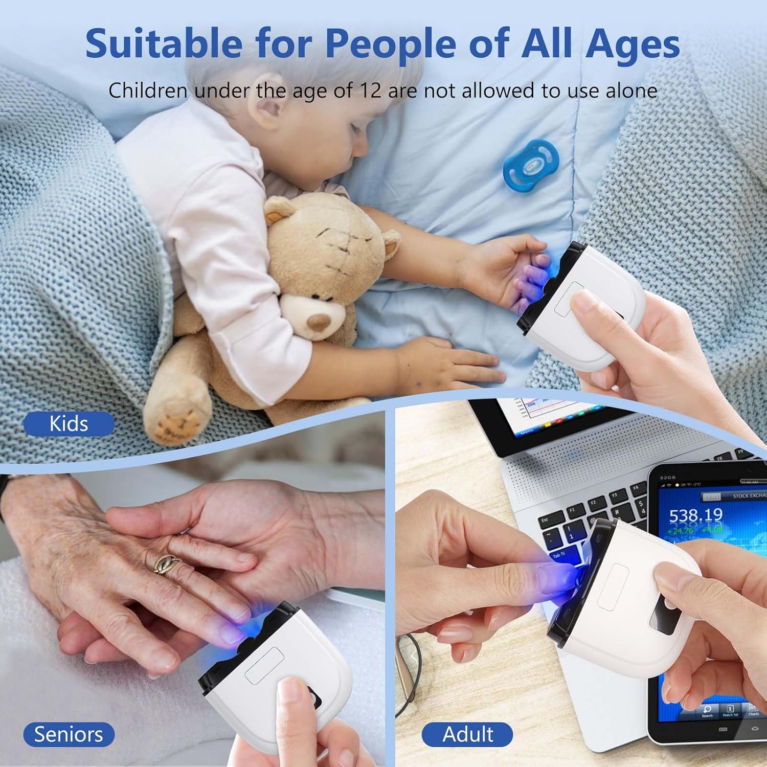 Collage showing the electric nail clipper being used by a child, an adult, and a senior, demonstrating its suitability for all ages.