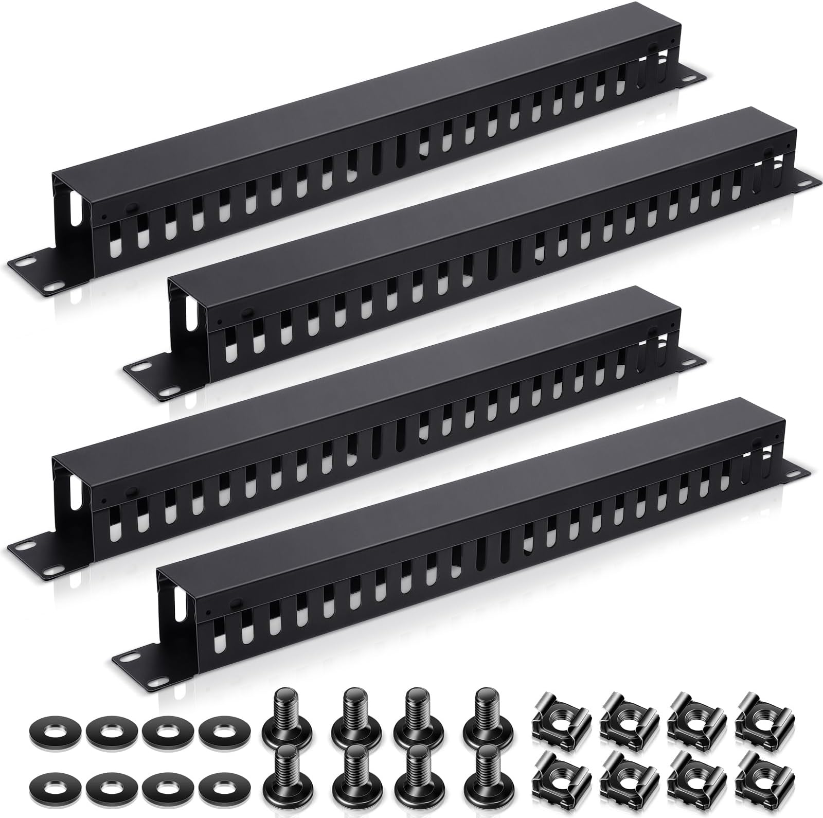 Leinuosen 4 Pcak 1U 19'' Cable Manager 24 Slot Horizontal Rack Mount Wire Management Server Rack Management Metal Finger Duct Wire Organizer with Cover and Mounting Screws for Network Cabinet