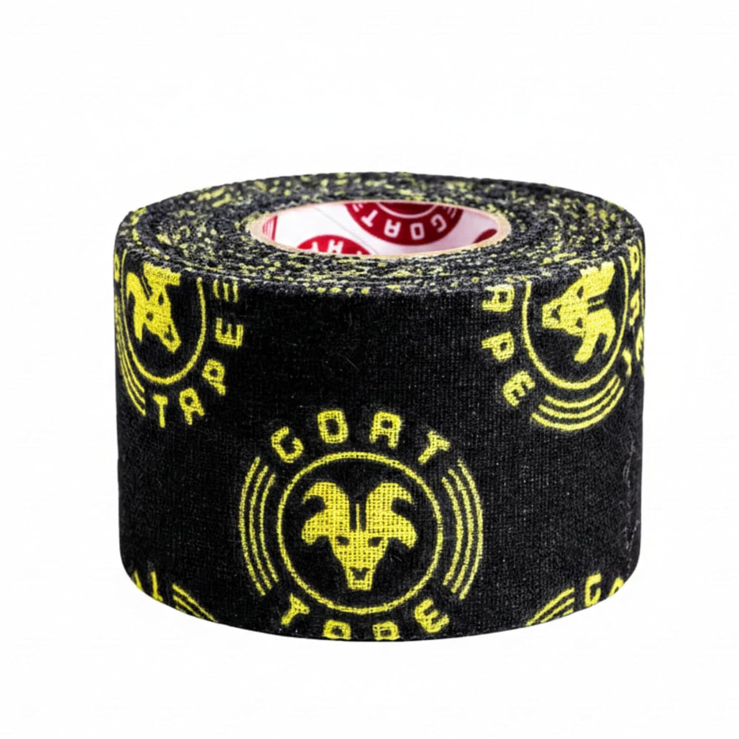 Goat Tape Scary Sticky Athletic Tape. Black Fabric with Yellow Ink Print. 1.5" x 10yds. Sold in Packs of Four Rolls Each