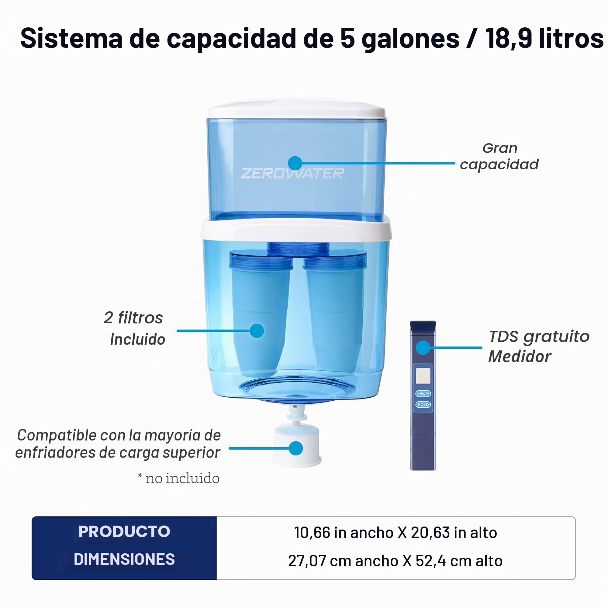 ZeroWater Sistema de filtración de agua de 19 L para dispensadores de agua fría y caliente, Medidor TDS y 2x Filtros Incluidos (no incluye dispensador)
