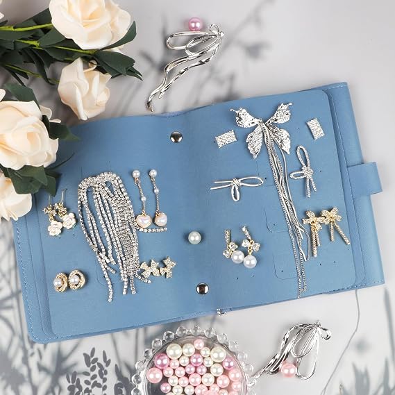 Fangoo Earring Organizer Book Design Earring Holder Travel Jewelry Storage Case Tray Holder, Capable to Hold 42 Pairs (Blue)