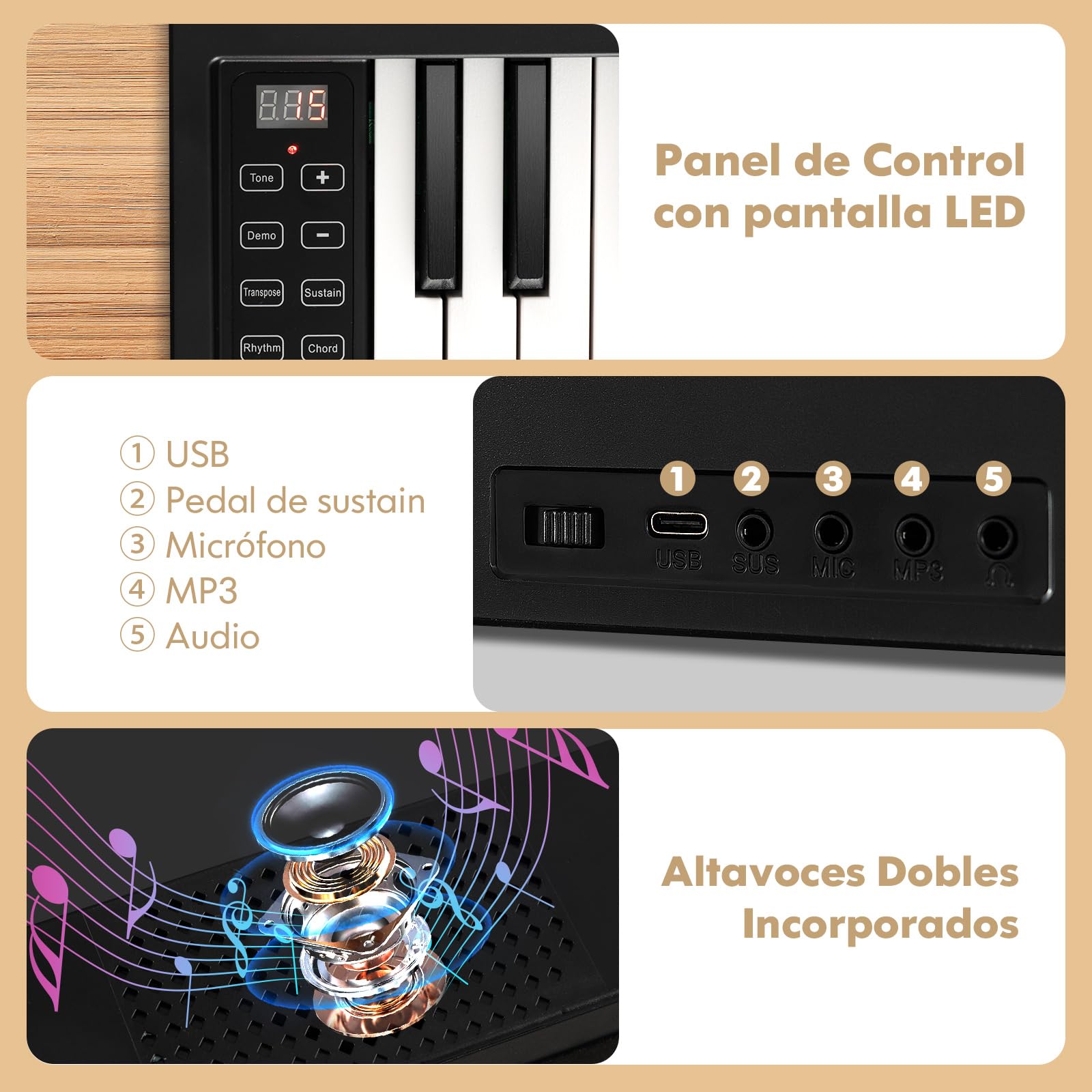 COSTWAY Teclado de Piano Plegable de 61 Teclas, Piano Eléctrico Portátil con Teclas de Tamaño Completo, Atril, Pedal de Sustain, MIDI, Bolsa para Piano, para Adolescentes y Adultos