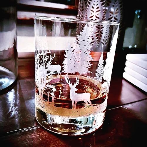 Miniatura 2 de Nature Scene Forest Animals Whiskey Glass - Old Fashioned Whiskey Rocks Glass - Forest Bourbon Glass - 360 Degree Hand Engraving - 13.5 oz