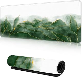 Marble Texture Gaming Mouse Pad,Emerald Leaves Desk Mat,XXL Extended Mouse Pad Mat for Office,Computer,Keyboard with Non-Slip Base Stitched Eges Mousepad 35''×15.7''