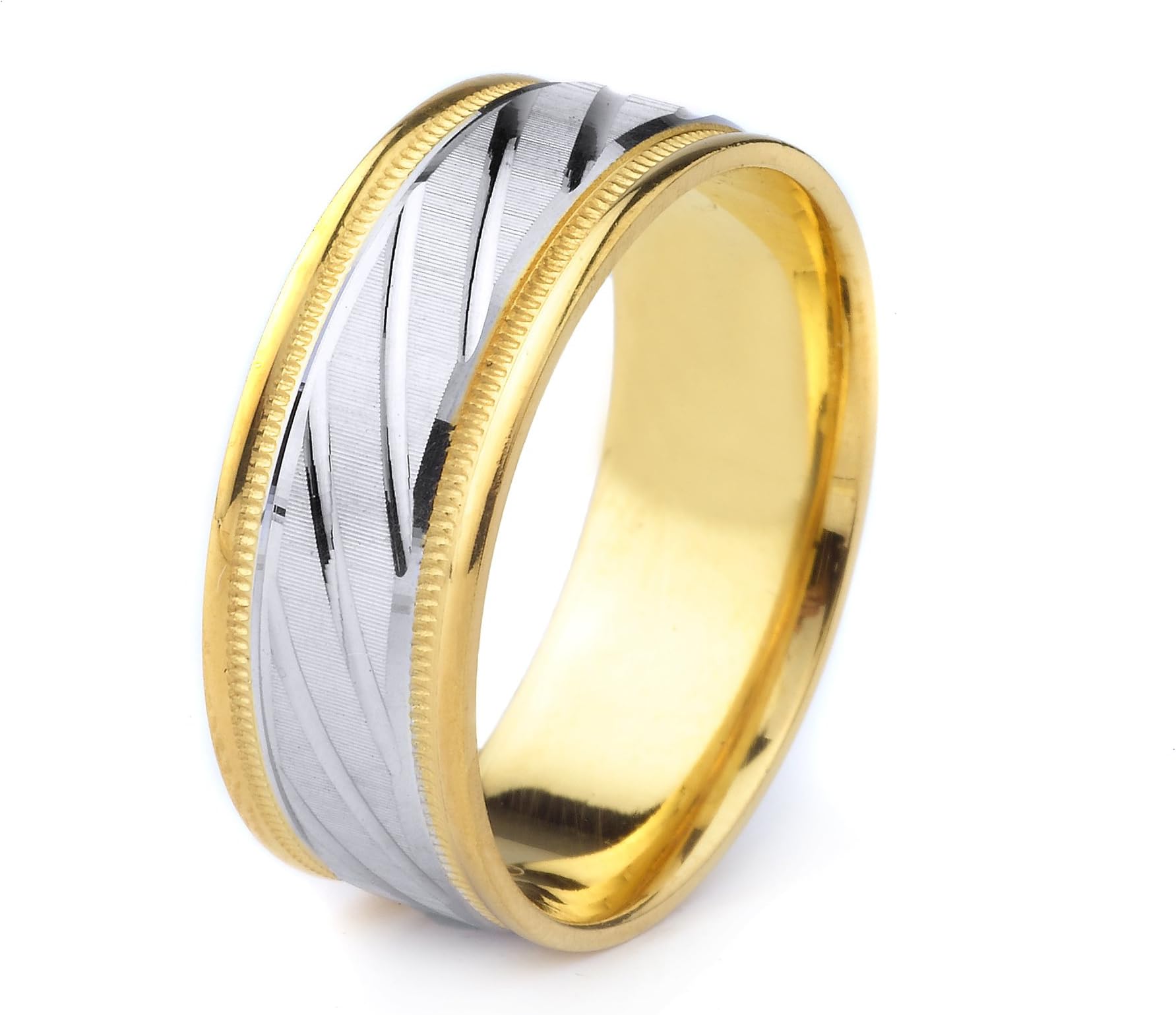 14k Gold Men's Comfort-Fit Two Tone Wedding Band Polished Cuts, Coin Edge Finish & Milgrain Edges (6mm)