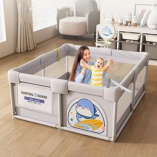 MONSTECH Large Baby Playpen 150x180cm Playpen for Baby up to 5 Years with Anti-Fall Rings, Safety Lock, Breathable Mesh, K...