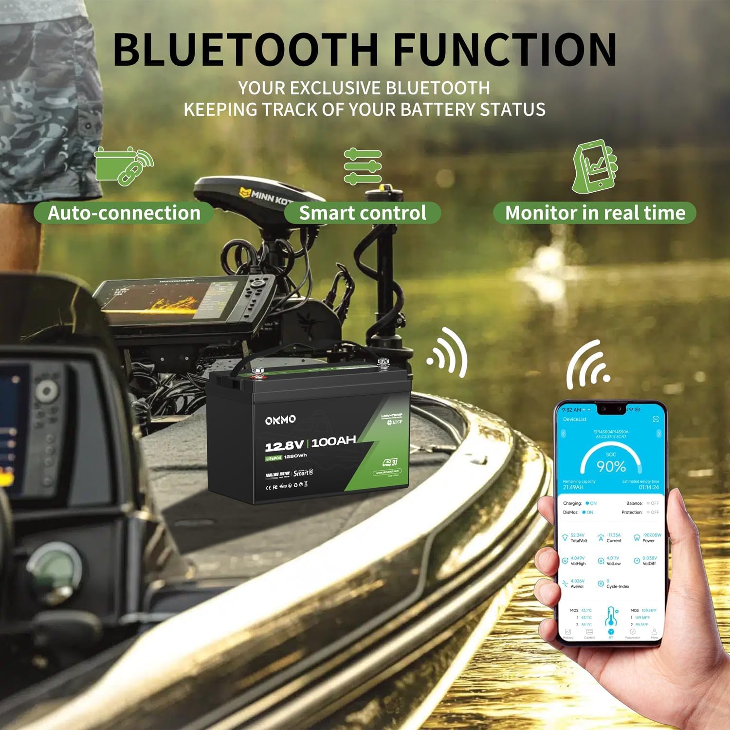 OKMO 12V 100Ah TM LiFePO4 Battery, 150A BMS with Bluetooth 1280Wh, 10 Years Lifetime 15000+ Deep Cycles,for Marine, RV, Trolling Motor, Boat, Camper, Low Temperature Protection