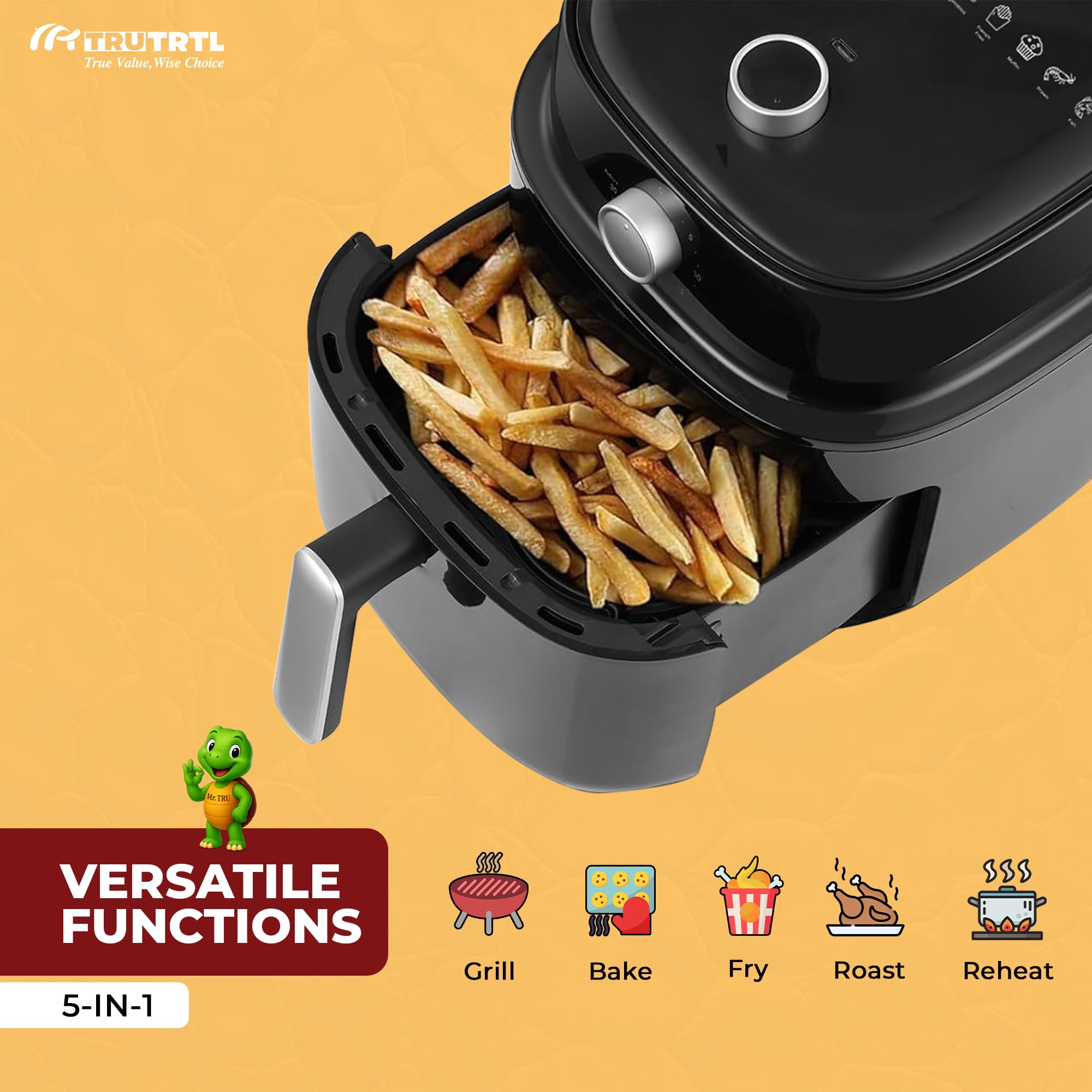 Mr. TRU Manual Air Fryer for Home | Actual 4.5 Liter | 1400 Watt | 1 Year Warranty | Uses 90% less Oil | Time & Temp Control Knobs | Glossy Black 3
