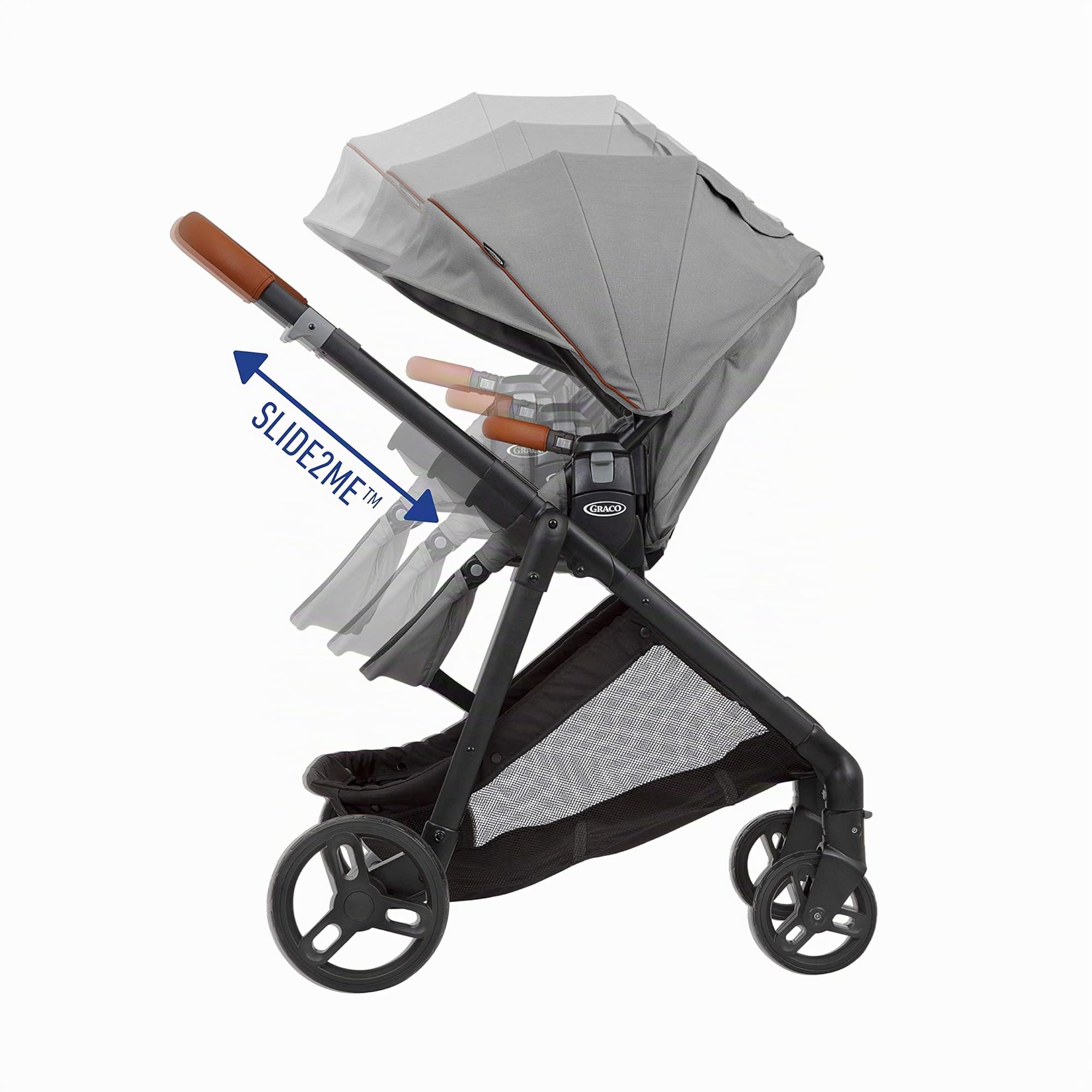 Graco Near2Me - Cochecito (desde el nacimiento hasta los 4 años aprox. 0-22 kg) con función de ajuste de altura Slide2Me, saco de lujo y protector de lluvia, gris