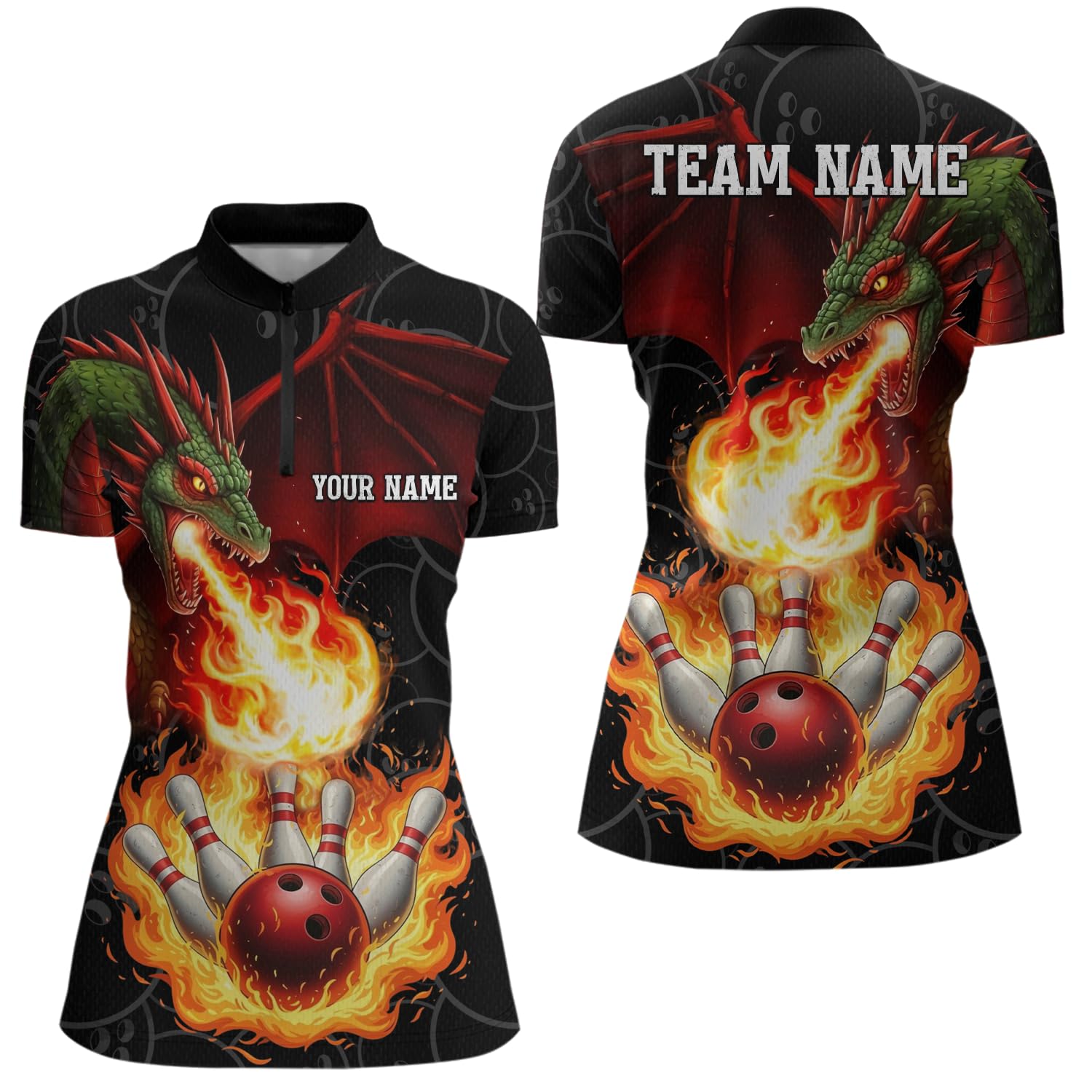 PIONAMZIOZ Flaming Dragon Bowling Shirt Custom Bowling Jerseys Men Women Team Bowling Polo Shirts & Bowling Quarter Zip (US, Alpha, Small, 5X-Large, Regular, Regular, Women Quarter Zip)