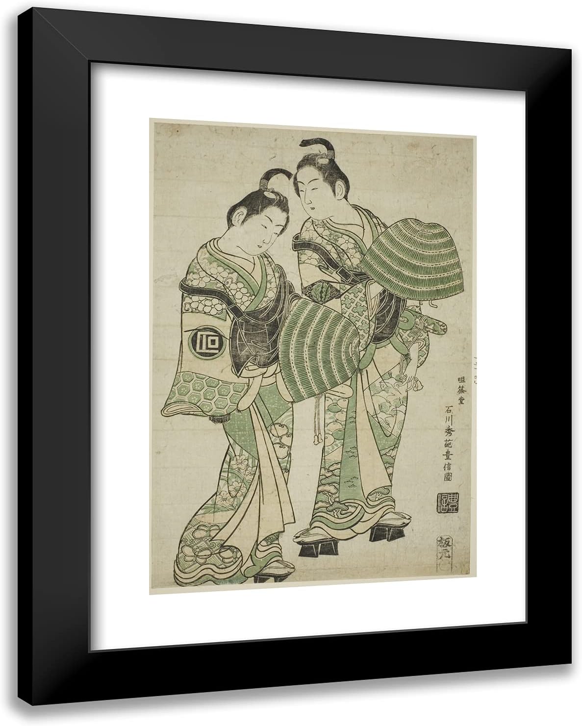 ArtDirectIshikawa Toyonobu 19x24 Black Modern Framed Art Print Titled The Actors Onoe Kikugoro I and Sanogawa Ichimatsu I Dressed as Mendicant Monks (komuso)