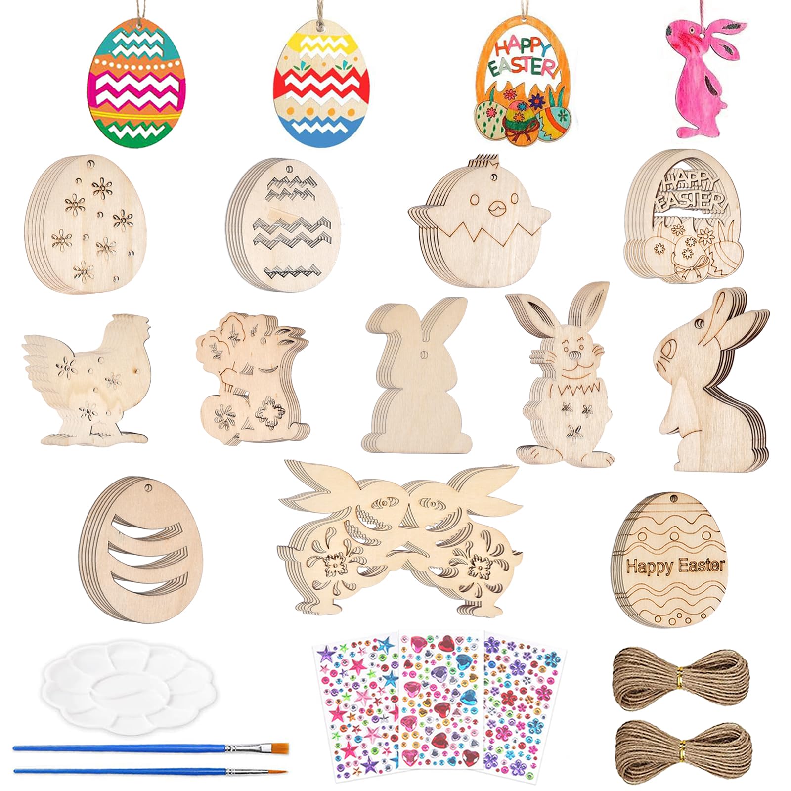 66 Piezas DIY Adornos Colgantes Madera Pascua,Adornos Pascua para Pintar,Adorno de Madera Pascua, Manualidades de Madera de Pascua con Cordón,para Pascua de Resurrección Familia Decoración Regalo Arte