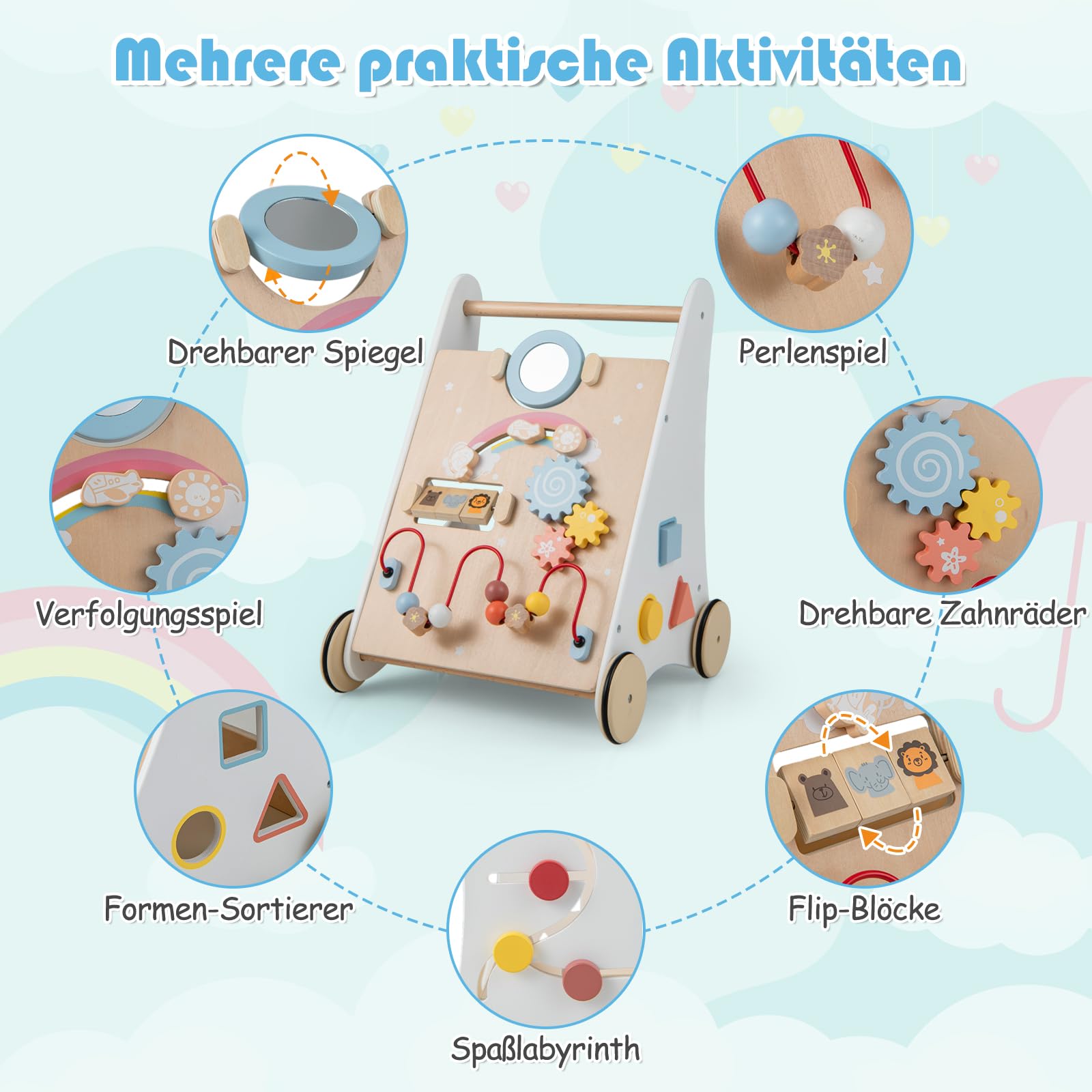 GOPLUS Stabile Lauflernhilfe aus Holz, Multifunktionaler Lauflernwagen mit mehreren Spieleinstellungen & Ablage, Lernspielzeug Gehhilfe mit Gummirädern & Griff, für Kinder ab 3 Jahren Alt (Modell 4)