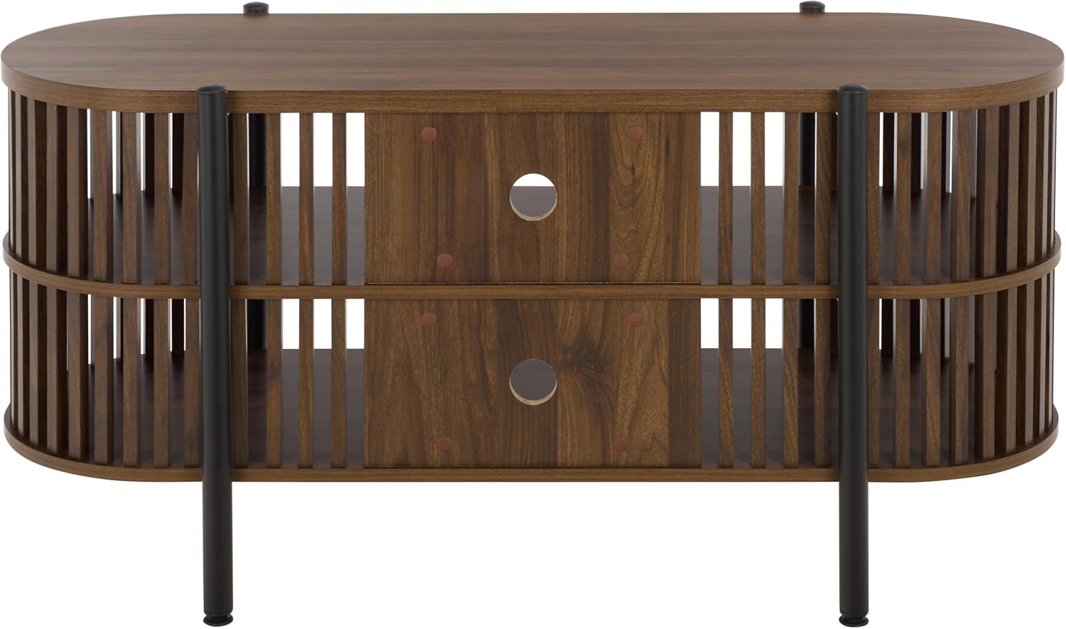 SAFAVIEH Furniture - Marami Oval Media Stand for TVs up to 50" - Walnut & Black Modern Entertainment Console with Open Shelving and Slatted Sides (MED3602A)