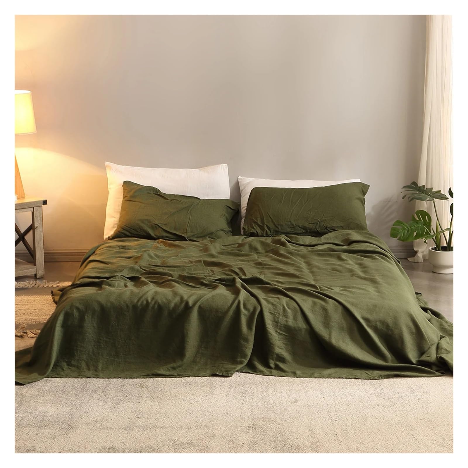 Parure de lit en Lin Pur de qualité supérieure pour lit Queen vert uni chic