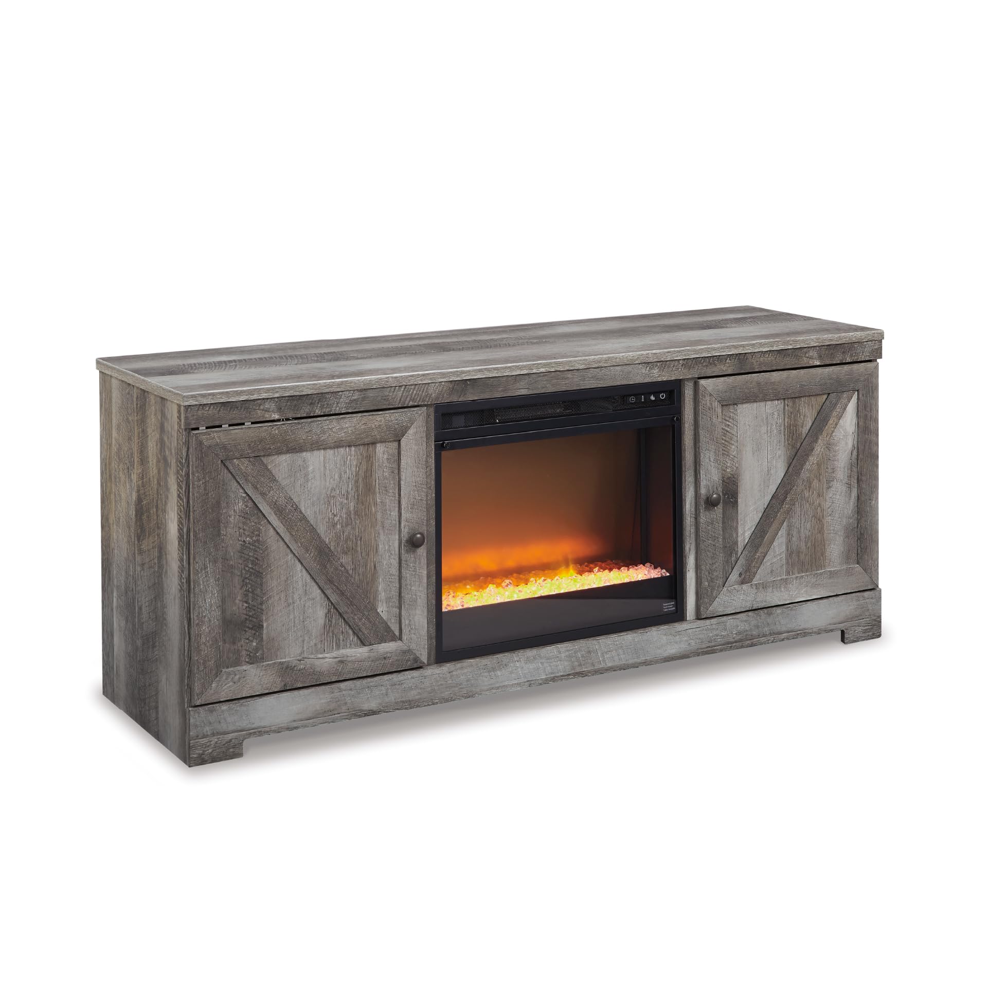 Photo 1 of ***BROKEN***Signature Design by Ashley Wynnlow 63" TV Stand with Electric Fireplace, Farmhouse Crossbuck Doors, Engineered Wood, Media Center for TVs up to 72 Inches, Rustic Gray