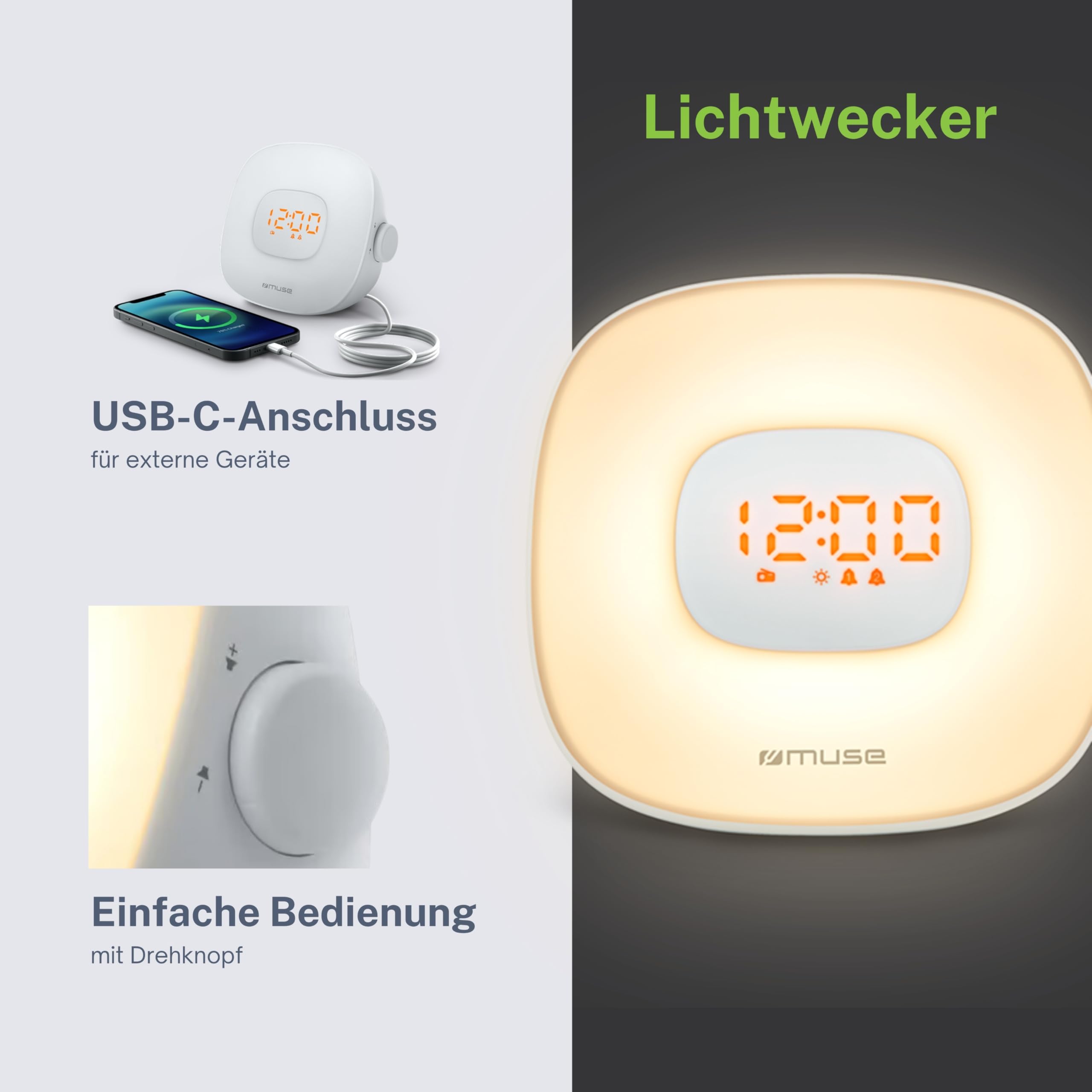 MUSE ML-198 CR Lichtwecker Radio: FM PLL Radio mit Naturklängen, Doppelalarm, LED-Beleuchtung und Dimmfunktion - Wecker mit Aufwachlicht und Farbwechsel