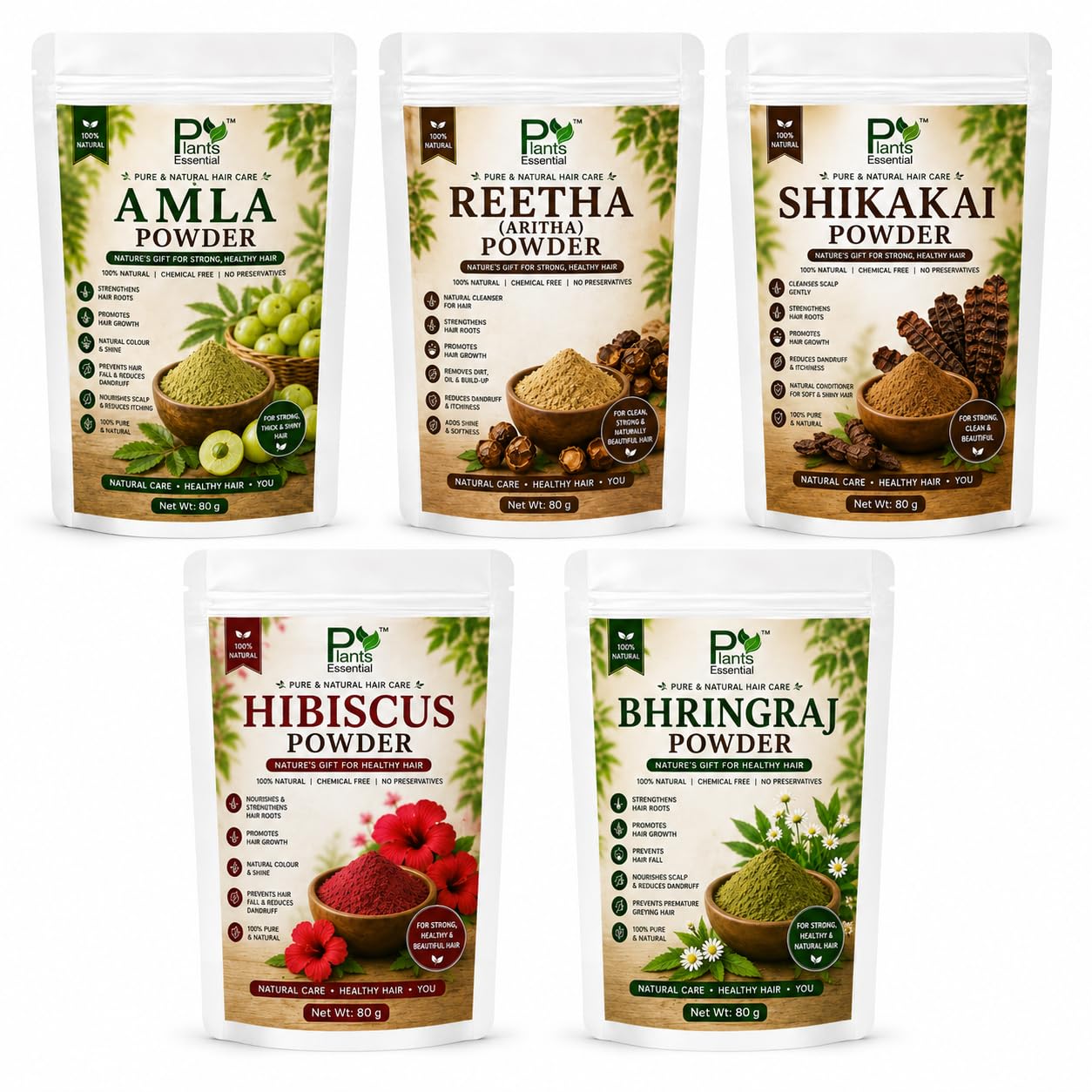 Amla, Reetha, Shikakai, Bhringraj & Hibiscus Powder Combo for Hair Care | 100% Natural Herbal Powder | Supports Healthy Looking, Strong & Shiny Hair | Chemical-Free | 80g Each (Pack of 5, Total 400g)-image-42