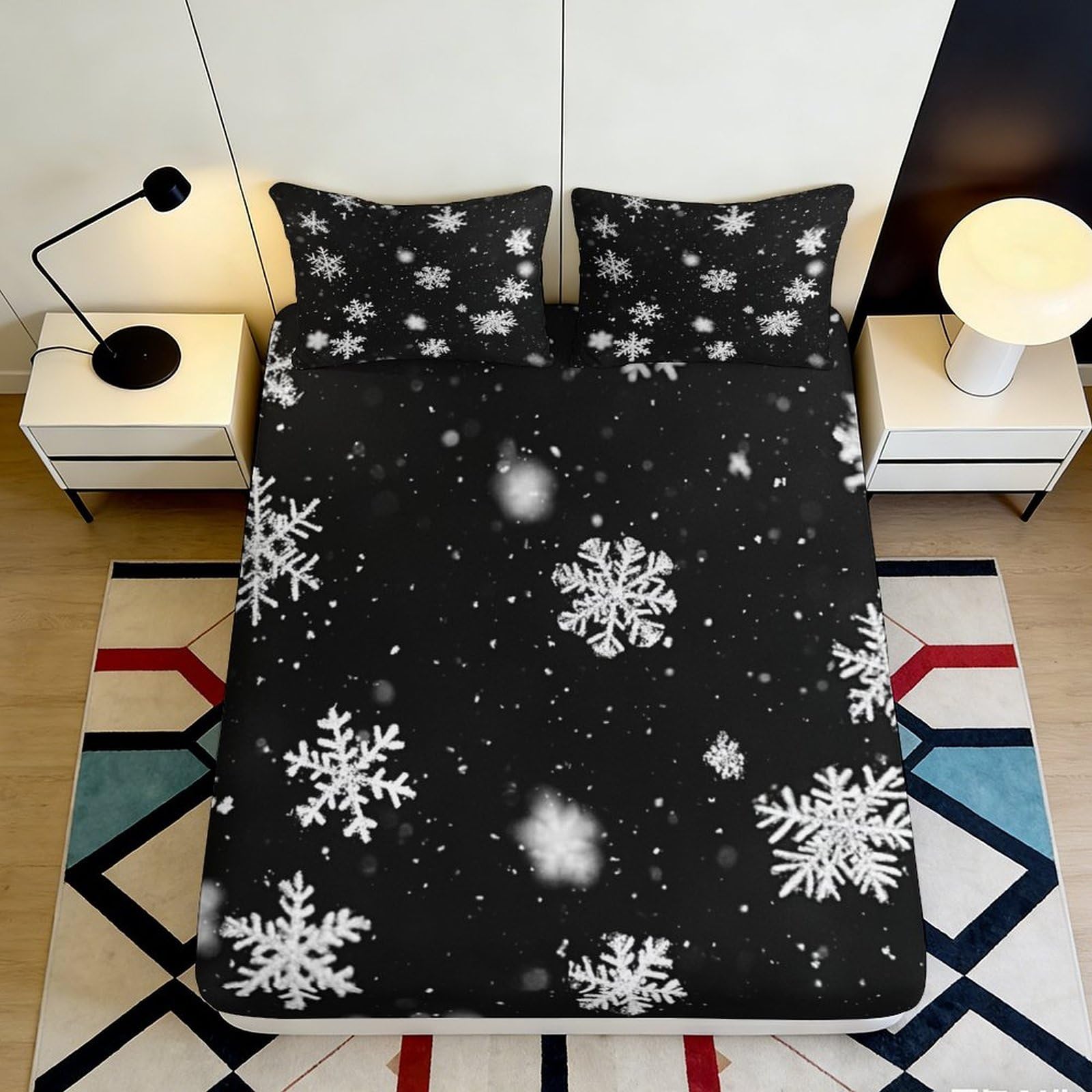 3D Printed Snowflakes Fitted Sheet Microfiber Deep Pocket Full Wrap Bedroom Bedding Snowflake Mattress Fitted Cover Non-Slip Washable for Adults Teens 120x200x25cm