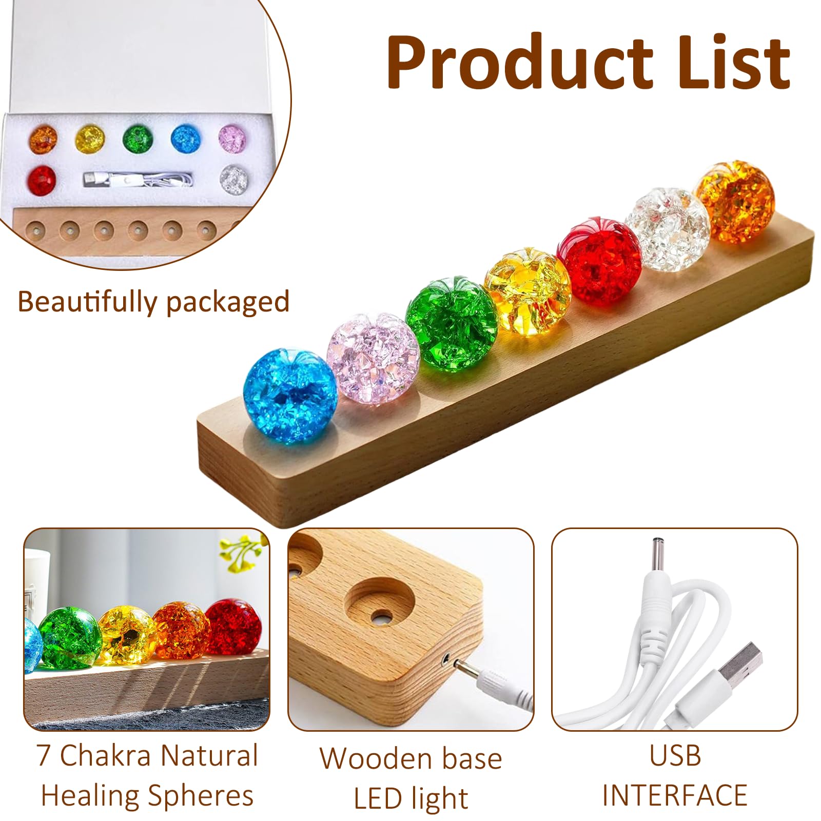 IFCOW Chakra Kristallkugeln Set - 7 Farben 40mm Mit LED Holzsockel