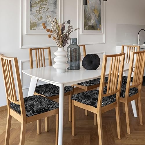 Miniatura 9 de Juego de 4 fundas de asiento para sillas de comedor, fundas elásticas de tela de araña de Halloween, fundas de cojín para cocina, oficina