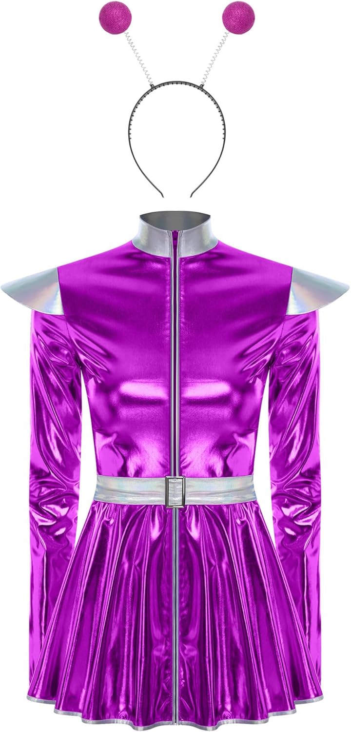 TiaoBug Women's Shiny Metallic Alien Costume A-Line Dress With Headband Outer Space Costume Costume For Carnival Theme Party